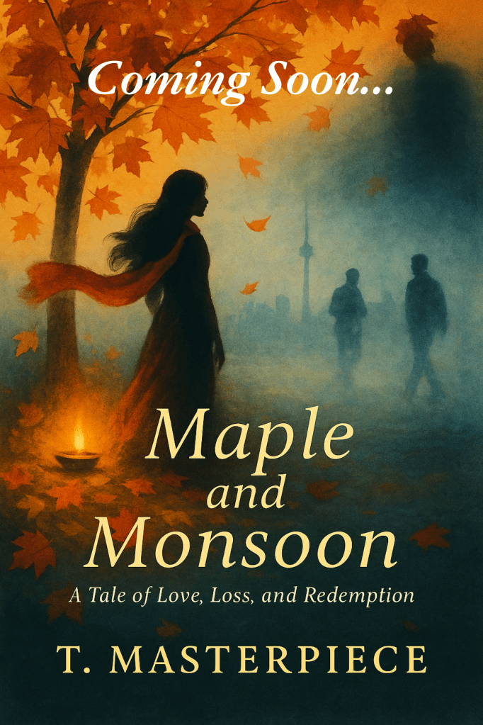 Cover art for the novella 'Maple and Monsoon' featuring a silhouette of a woman with flowing hair amidst orange autumn leaves, a candle, and shadowy figures in the background, with Toronto's skyline partially visible.